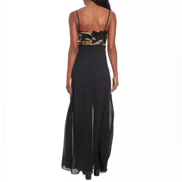 London Times Petite Sequin-Bodice Wide-Leg Jumpsuit Black Gold Women’s Sz 4P - Picture 5 of 9